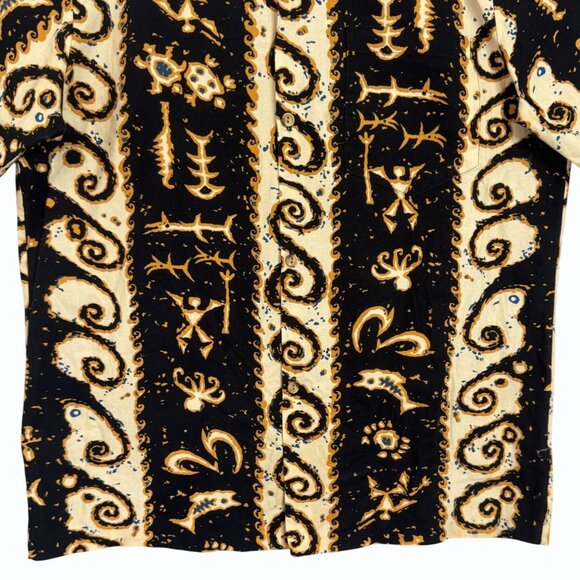 VTG RJC Hawaiian Shirt Mens M Tribal Print Black Cream Short Sleeve Aloha - Picture 3 of 9